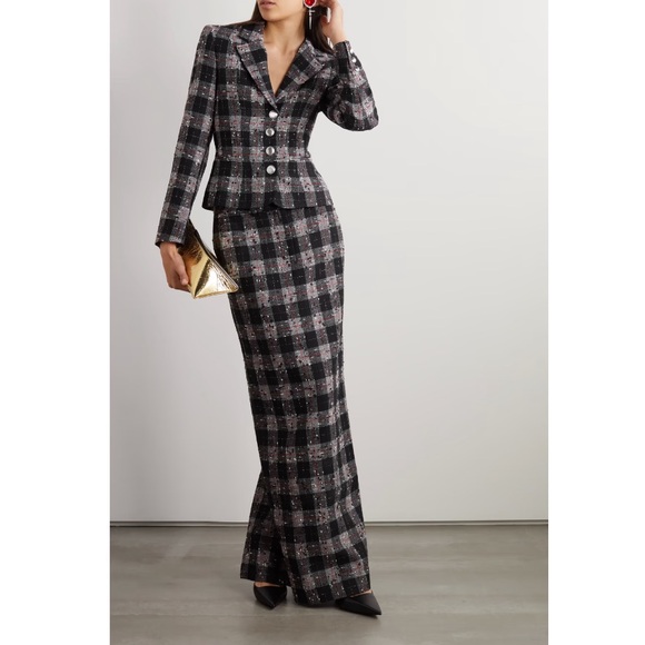 Alessandra Rich Jackets & Blazers - Alessandra Rich Checked Wool-Blend Bouclé Button Textured Plaid Fitted Blazer